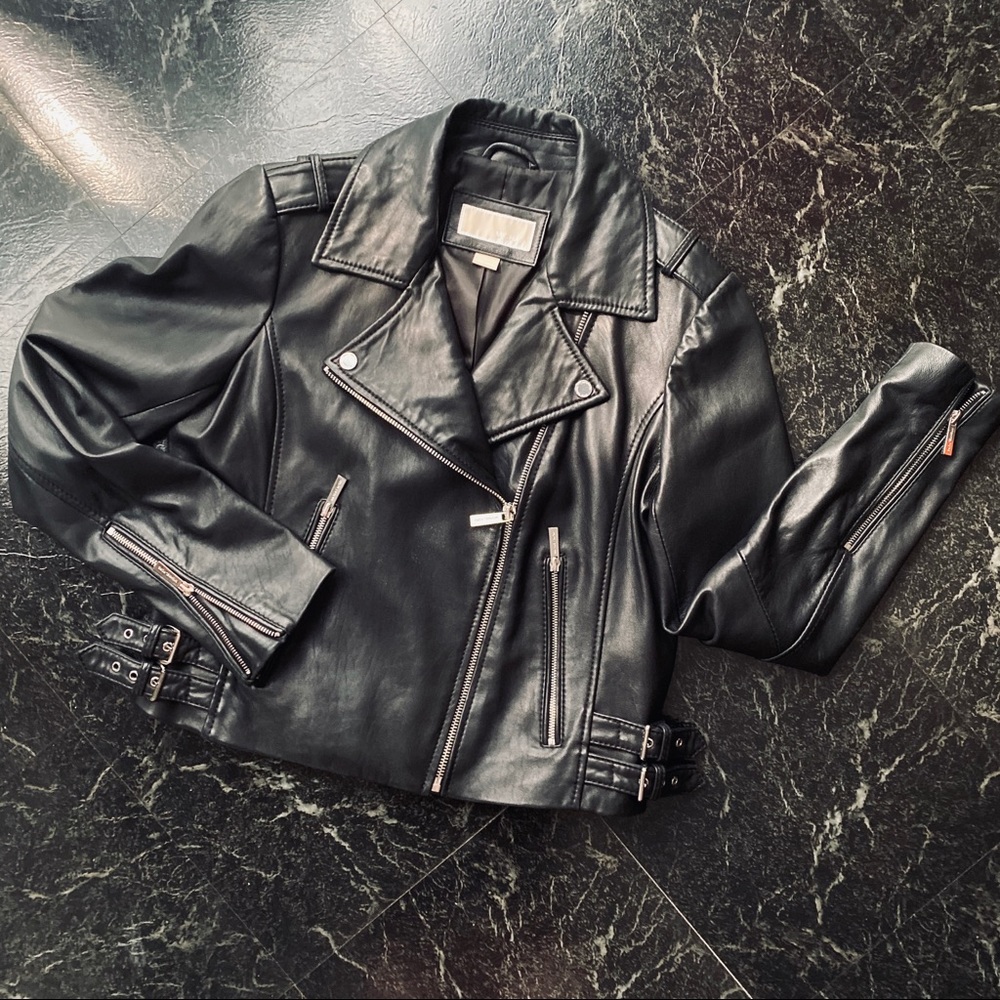 Black Michael kors leather biker moto jacket